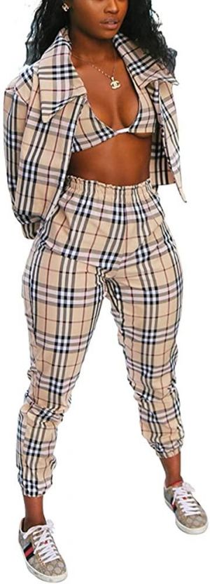 THLAI Women Casual Plaid 2 Piece Outfits Open Front Long Sleeve Blazer with Matching Bra and Long Pants Set 3 Piece Outfits