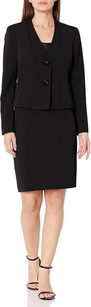 Le Suit Women's V-Neck 2 Button Seamed Crepe Skirt Suit
