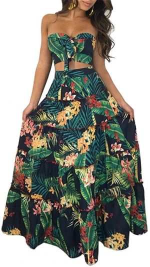 Cluster 2Pcs Women Suits Wrapped Crop Top + Skirt Set Party Club Maxi Dress