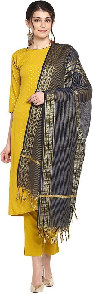 Janasya Indian Women's Mustard Poly Crepe Kurta with Pant and Dupatta