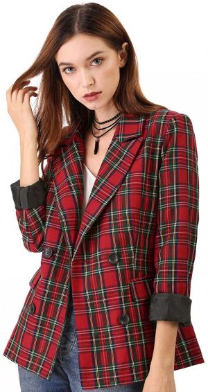 Allegra K Women's Notched Lapel Double Breasted Plaid Work Formal Blazer Jacket