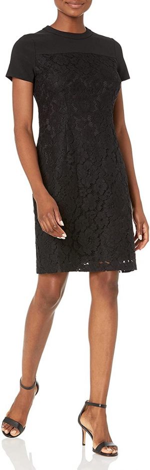 Lark & Ro Women's Short Sleeve Crew Neck Lace Mixed Dress