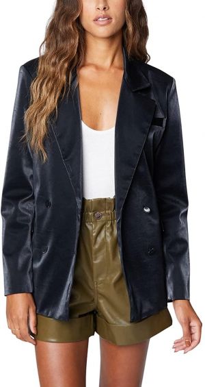 [BLANKNYC] womens Vegan Leather Double Breasted Blazer, Comfortable Jacket & Stylish Coat