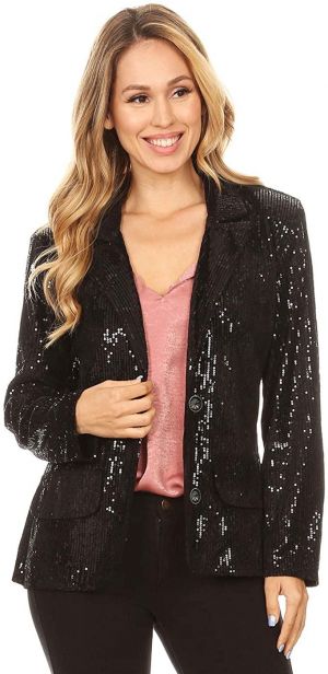 Anna-Kaci Women's Evening Sparkle Sequins Open Front Long Sleeve Blazer Jacket