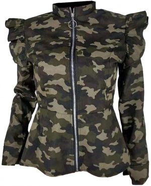 LifeShe Women's Zip up Ruffle Sleeve Peplum camo Jacket Blazers