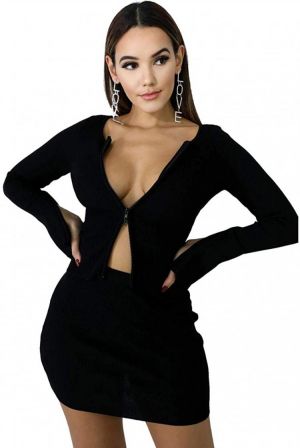 XLLAIS Women Long Sleeve Zipper Cardigan Crop Tops and Skirt Sets Sexy Mini Bodycon Dress