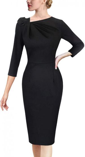 Vfshow Womens Pleated Asymmetric Bow Neck Work Cocktail Party Sheath Dress