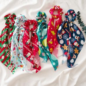 Pumpkin Snowman Print Women Hair Scrunchie Bows Ponytail Holder Hairband Bow Knot Scrunchy Girls Hair Ties Accessories Christmas