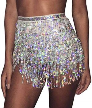 Victray Belly Dance Hip Skirt Tassel Scarf Sequin Wrap Rave Costume for Women