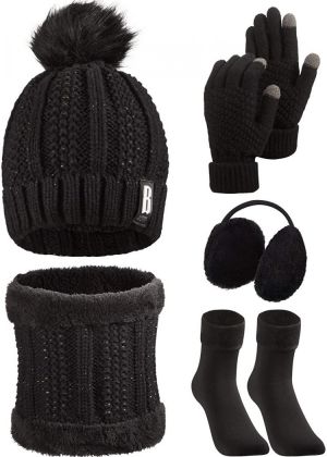 5 Pieces Women Winter Ski Outing Set, Knit Hat Scarf Gloves Earmuffs Stockings