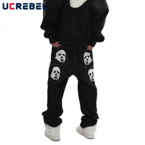 Spoof Portrait Print Denim Pants Mens High Street Loose Straight-leg Pants Streetwear Casual Jeans Trousers Men