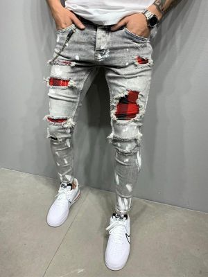 Men's Quilted Embroidered jeans Skinny Jeans Ripped Grid Stretch Denim Pants MAN Elastic Waist Patchwork Jogging Denim Trouse