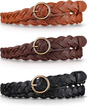 3 Pieces Women's Braided Leather Belt Skinny Woven Braided Belt O-Ring Buckle Leather Belt for Dress, Jean, Skirt, Pant