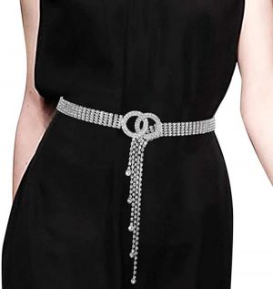 Women’s Crystal Rhinestone Waistband Belt Sparkle Chain with Double O-Ring Belt
