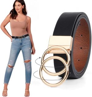 Women Leather Belt, Reversible Belt, Leather Waist Belt for Jeans Dress with Gold Double O Ring Rotate Buckle by JASGOOD