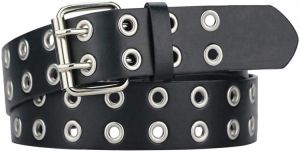 Grommet Leather Belts for Women, Black Belt Women Men with Double Studded Holes