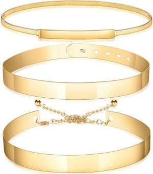 Gold Belts for Women 3 Pieces Skinny Gold Waist Belt Adjustable Fancy Belts for Women Dresses Glitter Waist Belt Elastic Metal Cin