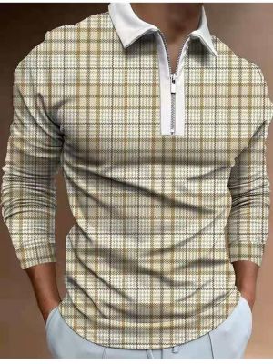 Men's Golf Shirt Plaid Zipper Long Sleeve Street Tops Cotton Sportswear Casual Fashion Comfortable Khaki / Fall / Winter