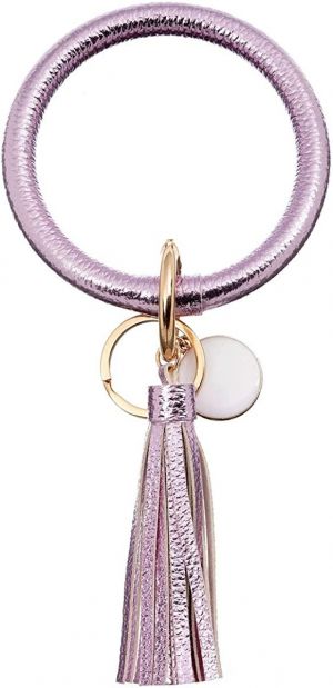 Leather-Keyrings-Tassel Wristlet Keychain-Round Key Chain Wrist Bracelet-Large Circle Keyring Bangle for Women Girls