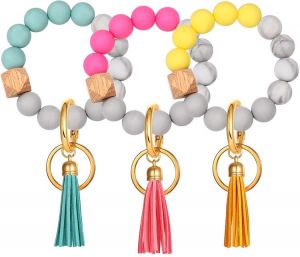 HZEYN 3 Pack Silicone Bead Keyring Bracelet Wristlet Keychain w/ Tassel House Car Key Ring Holder