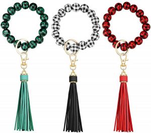 3 Pieces Buffalo Plaid Key Ring Bracelet Wooden Bead Wristlet Keychain Black White Red Green Key Ring Bracelet with Portable Leath