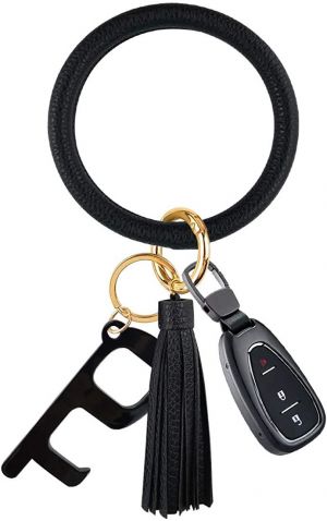 Leather Bracelet Key Ring Bangle Keyring, Tassel Ring Circle Key Ring Keychain Wristlet with No Touch Key Door Opener–