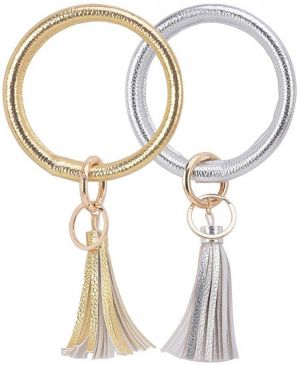 2PC Coolcos Wristlet Keychain Bracelet Bangle Keyring - Large Circle Key Ring Leather Tassel Bracelet Holder For Women Girl