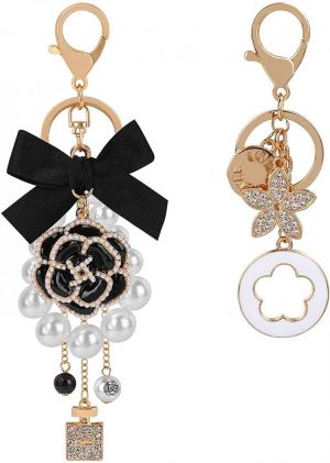 Wjiang Women Flower Keyring 2 Pieces Camellia Bow Pearl Keychain and Diamond FIve Leaf Clover Keychain Sparkling Bag Pendant Handb