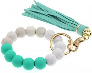 Silicone Beaded Bangle Keychain Wristlet for Women Leather Tassel