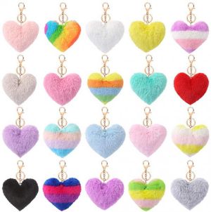 Auihiay 20 Pieces Pom Poms Keychains Heart Shaped Pompoms Keyring Fluffy Car Bag Charm for Valentine’s Day Decoration