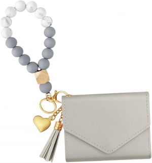 Elastic Silicone Beads Wristlet Keyring with Card Pocket Beaded Keychain Bracelet Wristlet Wallet