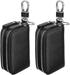 2 Pieces Car Key Case Double-Deck Leather Coin Purse Change Wallet Small Leather Keychain Card Holder Keyring Zipper Bag for Women