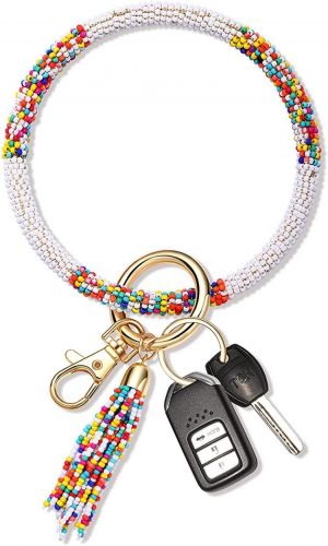 Key Ring Bracelet Bangle Hand Crafted Beaded Wristlet Keychain Keyring with Tassel for Women House Car Keys Ring Holder