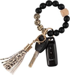 Kiniza Keychain Wallet Bracelet, Silicone Bangle Beaded Key Ring Wristlet Tassel Portable Car Tassel Key chain for Women