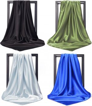 NUWEERIR 4pc Mixed Womens Large Square Scarf Set Silk Feeling Satin Hair Wrapping 35x35 inches