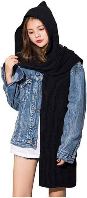 Women Winter 3 in 1 Hooded Hat Scarf Wrap Shawl Crochet Knit Pullover Neckwarmer