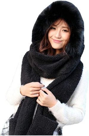 Lucky Beth Winter Warm Women Hoodie Hat/Scarf/Gloves Set Soft Plush Thick Warm Hat