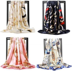NUWEERIR 4pc Mixed Womens Large Square Scarf Set Silk Feeling Satin Hair Wrapping 35x35 inches