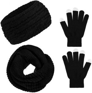 3 Pieces Winter Warm Set, Include Black Ear Knit Hair Band, Neck Warmer Scarf and Touchscreen Gloves