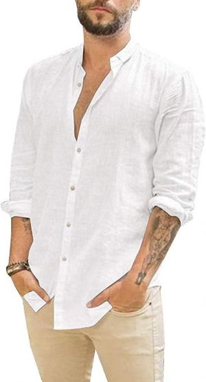 JEKAOYI Mens Long Sleeve Casual Cotton Linen Shirts Buttons Down Summer Solid Plain Beach Yoga T Shirts