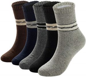 Mens Warm Wool Socks Thick Winter Thermal Stripe Wool Crew Socks