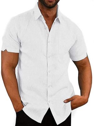JEKAOYI Button Down Short Sleeve Linen Shirt for Men Summer Casual Cotton Spread Collar Tops