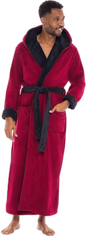 Alexander Del Rossa Men's Warm Fleece Robe with Hood, Big and Tall Contrast Bathrobe
