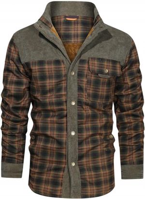 chouyatou Men's Winter Thick Fuzzy Sherpa Lined Corduroy Plaid Button Up Flannel Shirt Jacket
