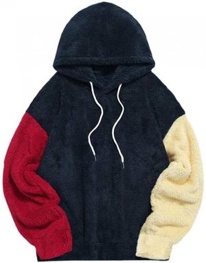 ZAFUL Fashion Sherpa Pullover Hooded Sweatshirts Unisex Colorblock Splicing Drawstring Fluffy Faux Fur Hoodies