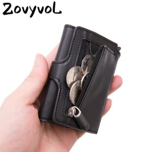 Men RFID Button Credit Card Holder High Quality Metal Aluminum Auto Pop-up RFID Blocking ID Card Case Black Wallet Coin Purse