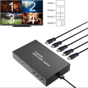 4x1 Quad Screen Multiviewer Seamless Switch PIP & USB 3.0 4 Channel HDMI Audio Video Capture Card Game Record Live Streaming B