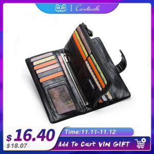 CONTACT'S Genuine Leather Men's Long Wallet With Phone Bag Zipper Coin Pocket Purse Male Clutch Wallets For Men Portfel 