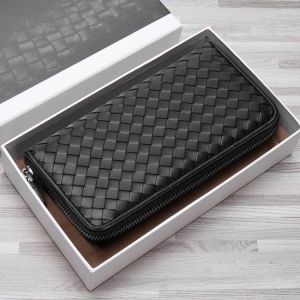 2021 New Leather Men's Wallet Long Woven Leather Bag Luxury Brand Clutch Simple Fashionable Lady Wallet Large Capacity Sheeps
