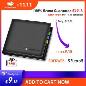 BISON DENIM 100% Cow Leather Small Wallet Men Bifold Credit Card Holder Wallet RFID Blocking Purse For Men Portemonnee Male N447
